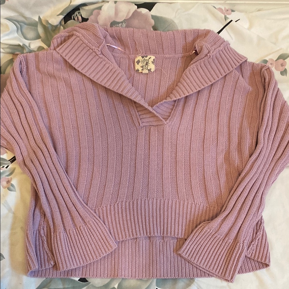Hippie Rose Purple V-Neck Sweater Ribbed Knit